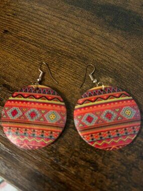 Cute Wooden Disc Southwestern Designed Hook Earrings